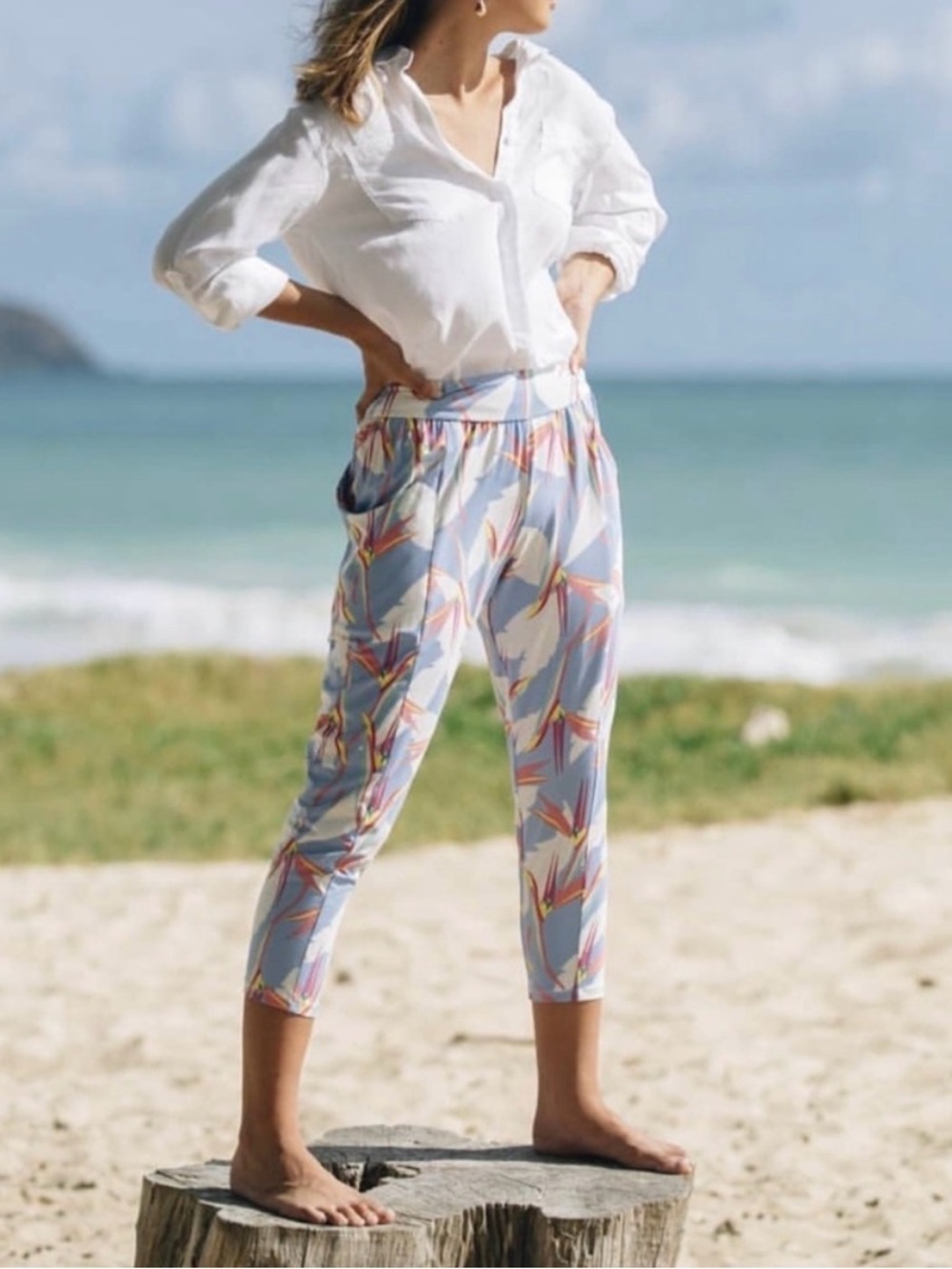 FIGHTING EEL Hawaii Bird of Paradise Print Issy Taper Leg Ankle Pants Medium